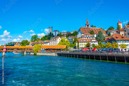 Panorama of Spreuerbruecke and historical fortification at Swiss town Luzern photo