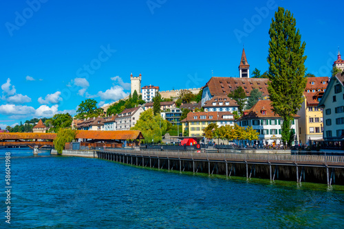 Panorama of Spreuerbruecke and historical fortification at Swiss town Luzern photo