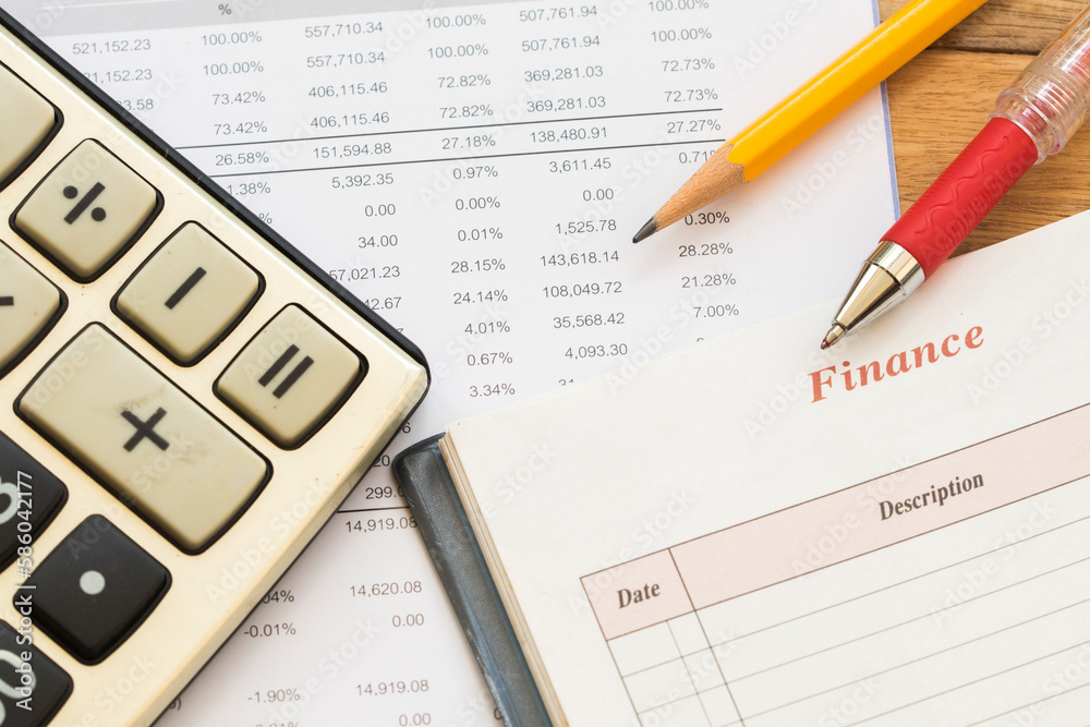 calculator, statement balance sheet accounting for business work arrangement flat lay style on background white 