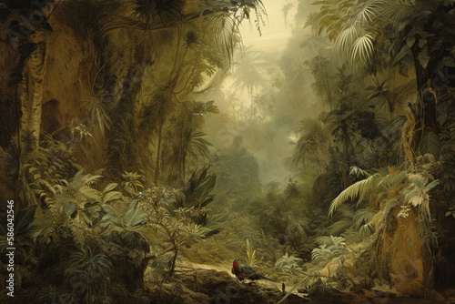 Fantasy landscape with palm trees and a man sitting on a rock  Generative AI