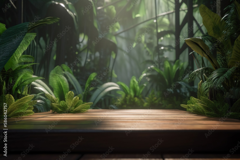 Wooden table in front of green plants. Generative AI Wooden table in front of green plants. Generative AI