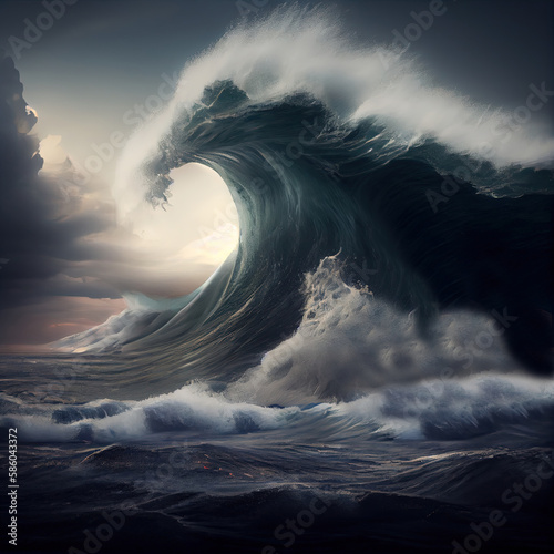 giant wave, tsunami, photo realistic illustration, stock image