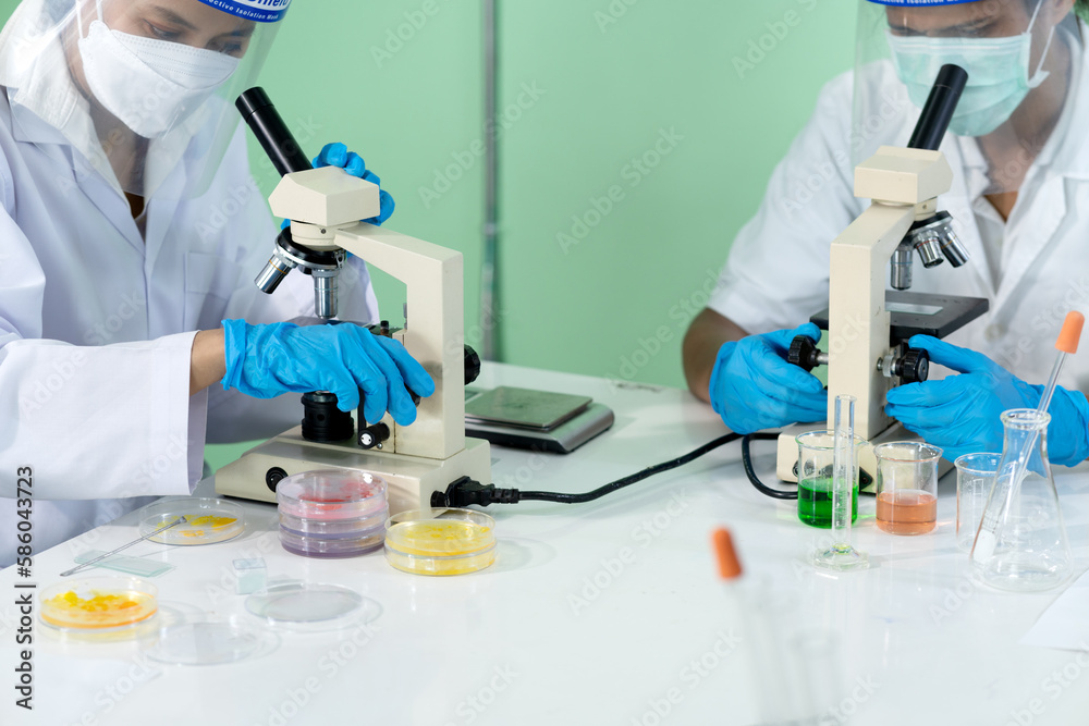 Fototapeta premium Scientist analyzing matter or germ using microscope