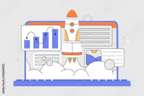 Space rocket launch with graphs and charts on laptop screen. Successful business start up, launching new project. Hand drawn vector illustration isolated on light background, modern flat cartoon style