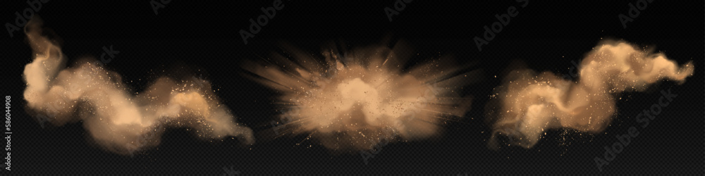 Sand explosion with dirt and cloud smoke vector. Isolated storm effect in desert on transparent background. Brown sandstorm splash with wind texture. Dirty ground abstract spread with flying particles