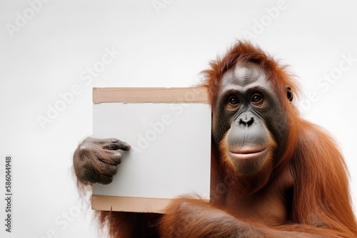 Cute orangutan monkey with empty clean white cardboard sign in hands. Poster template with copy space. Zoo illustration. AI generative image.