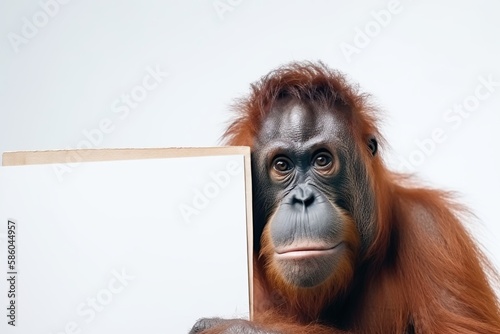 Cute orangutan monkey with empty clean white cardboard sign in hands. Poster template with copy space. Zoo illustration. AI generative image. © vlntn