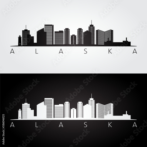 Alaska state skyline and landmarks silhouette, black and white design. Vector illustration.