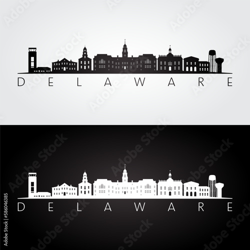 Delaware state skyline and landmarks silhouette, black and white design. Vector illustration.