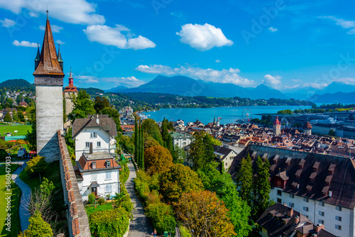 Fortification overlooking the old town of Luzern, Switzerland photo