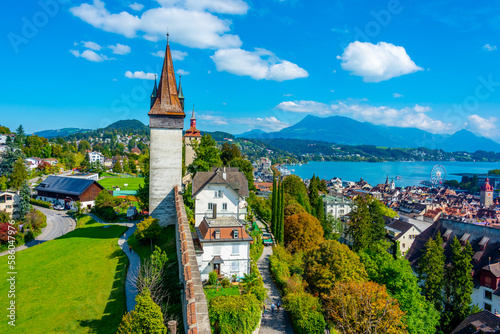 Fortification overlooking the old town of Luzern, Switzerland photo