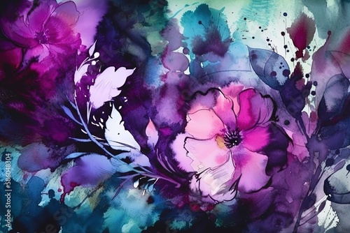 Illustration of purple flowers against a blue background in a painting created with Generative AI technology