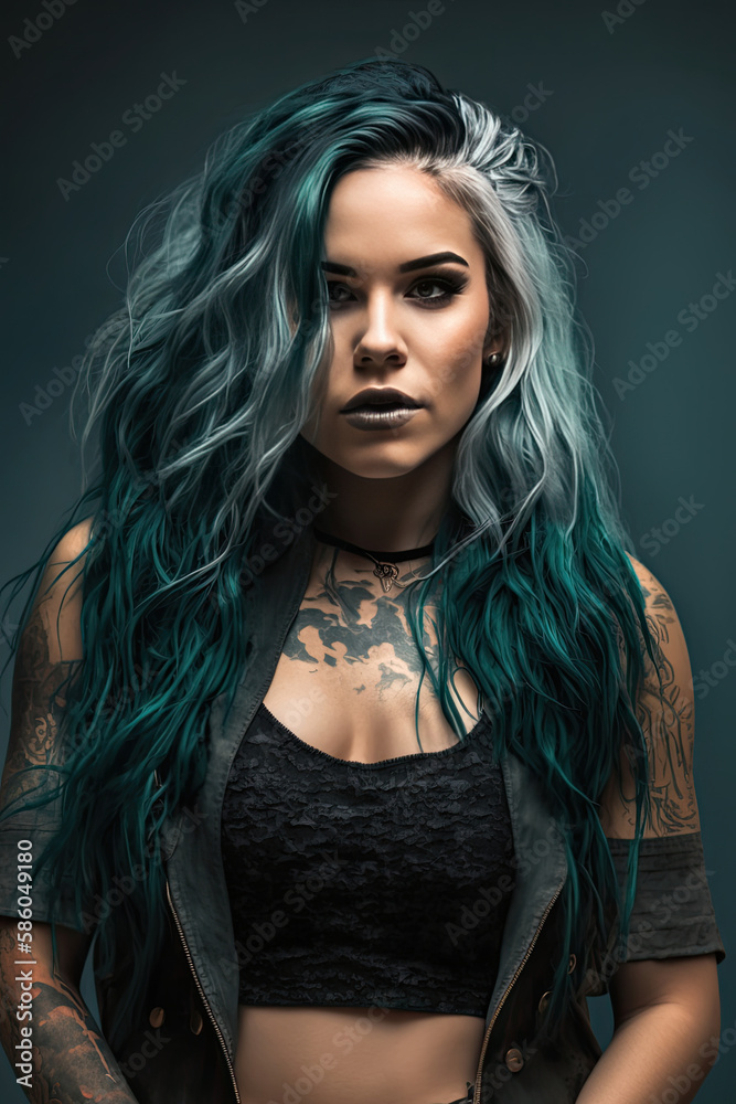 pretty young woman with long blue hair and dark made up lips, she is tattooed created with Generative AI technology