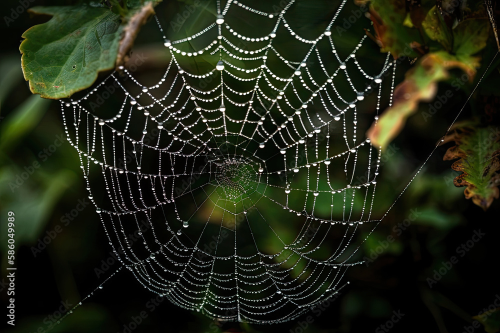spider web covered with dew drops on a bush created with Generative AI technology