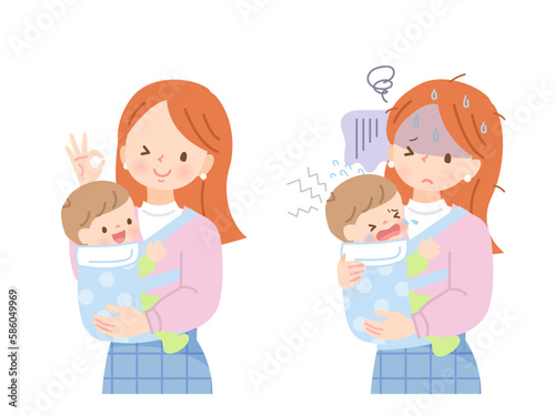 赤ちゃんを抱っこする若いママの表情セット