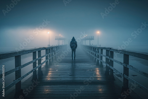 man with a hooded jacket standing on a footbridge in the fog created with Generative AI technology photo