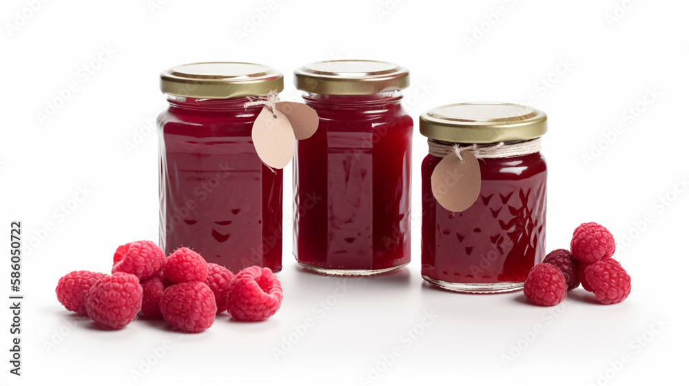 Raspberry jam and juicy raspberries fruit Jars on white background with Generative AI Raspberry jam and juicy raspberries fruit Jars on white background with Generative AI