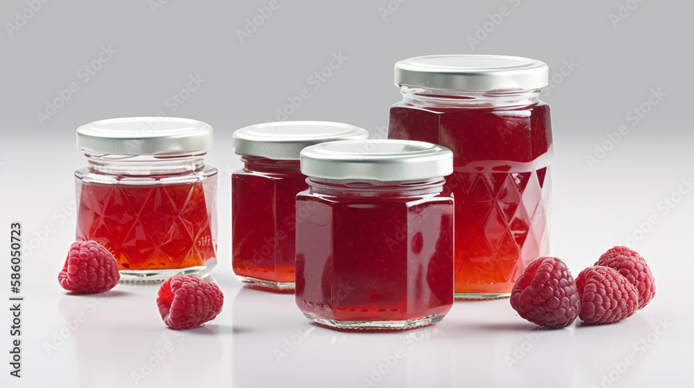 Raspberry jam and juicy raspberries fruit Jars on white background with Generative AI Raspberry jam and juicy raspberries fruit Jars on white background with Generative AI