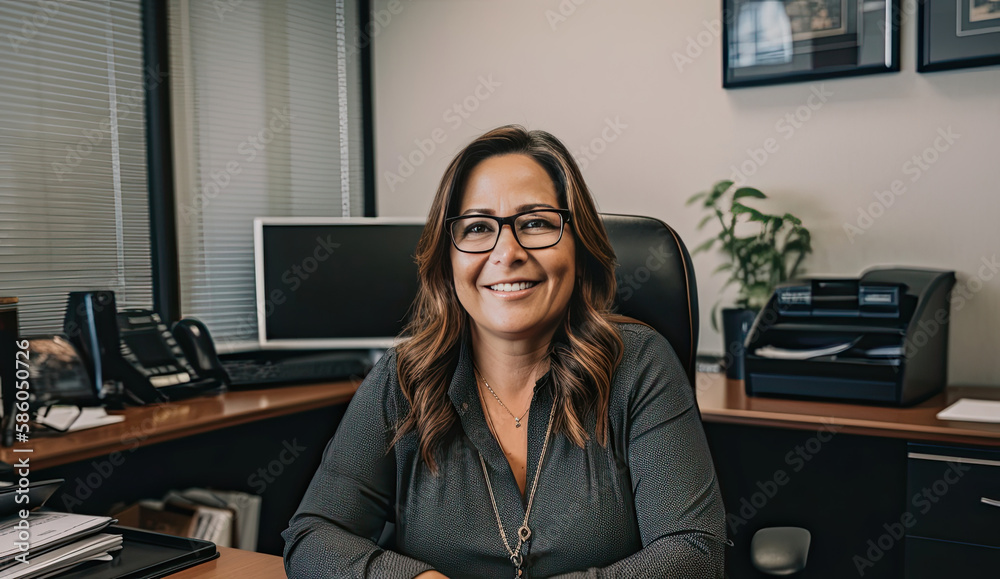 friendly secretary with glasses sits at desk in office created with Generative AI technology friendly secretary with glasses sits at desk in office created with Generative AI technology