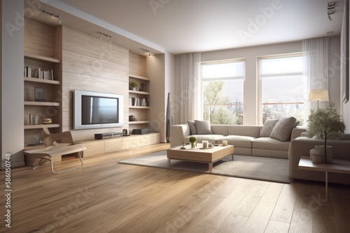 cozy living room with modern furniture and a large flat screen TV created with Generative AI technology