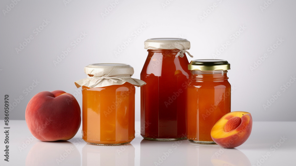 Peach jam with ripe peaches Jars on white background with Generative AI Peach jam with ripe peaches Jars on white background with Generative AI