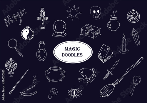 Hand drawn magic doodles, iolated on drak background, great design for any purposes. Vector illustration