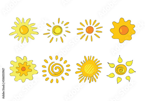 Hand drawn cartoon style suns. Set of different suns isolated on white. background