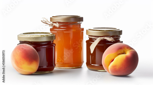 Peach jam with ripe peaches Jars on white background with Generative AI