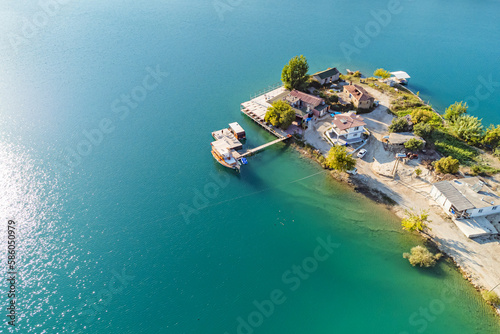 Fényképezés Aerial view of a fishing harbor at green canyon lake, near Manavgat in Turkey