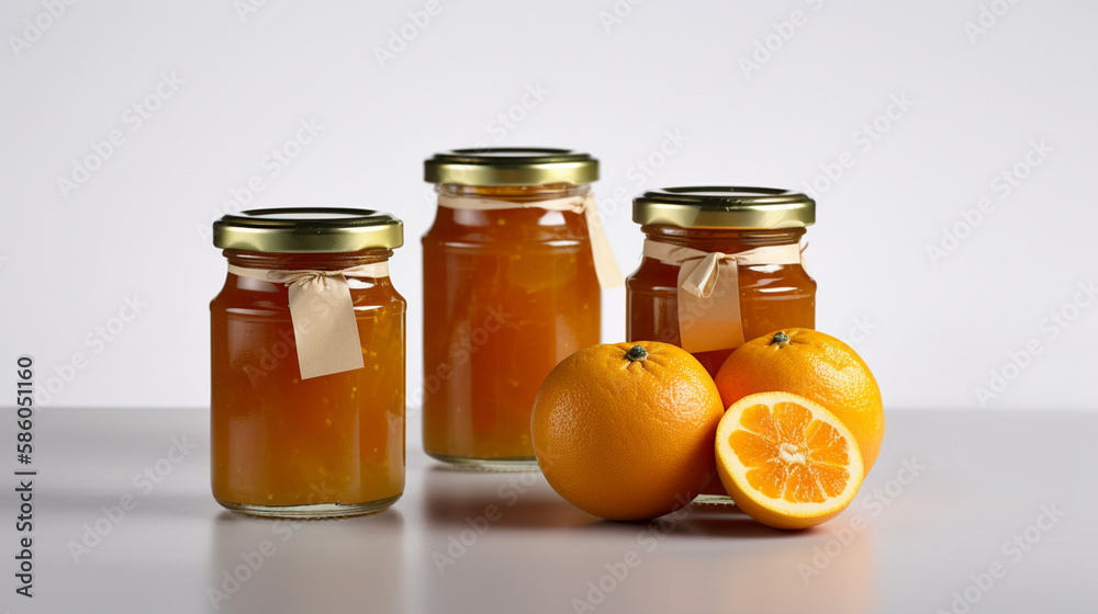 Orange Marmalade jam with oranges Jars on white background with Generative AI