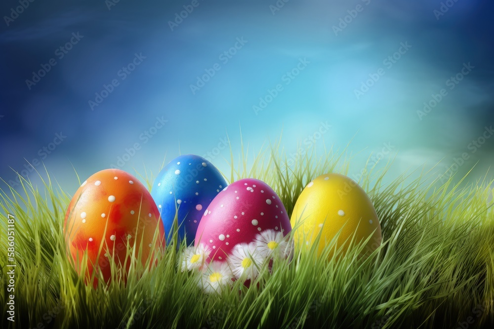 vibrant Easter egg hunt in a lush green field created with Generative AI technology
