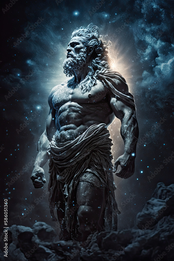 mighty white stone statue of zeus surrounded by stars and clouds created with Generative AI technology