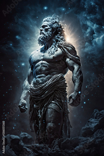 mighty white stone statue of zeus surrounded by stars and clouds created with Generative AI technology