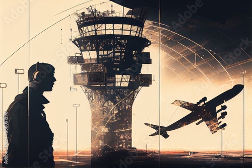 double-exposure of a tower controller guiding planes in and out of the airport, created with generative ai