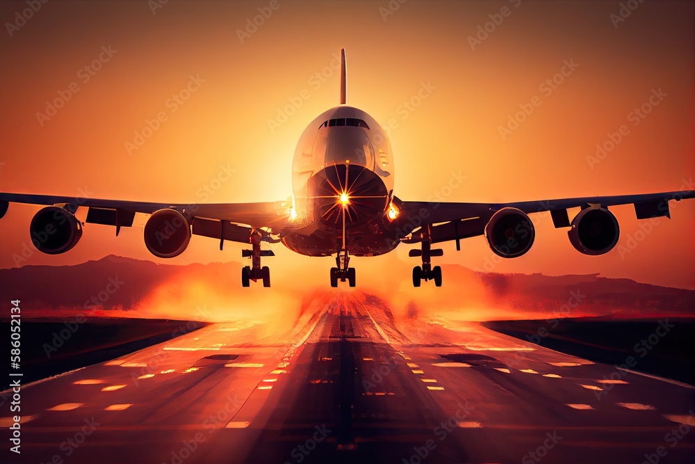 jetliner taking off into sunrise, with sun shining on its wings and ...