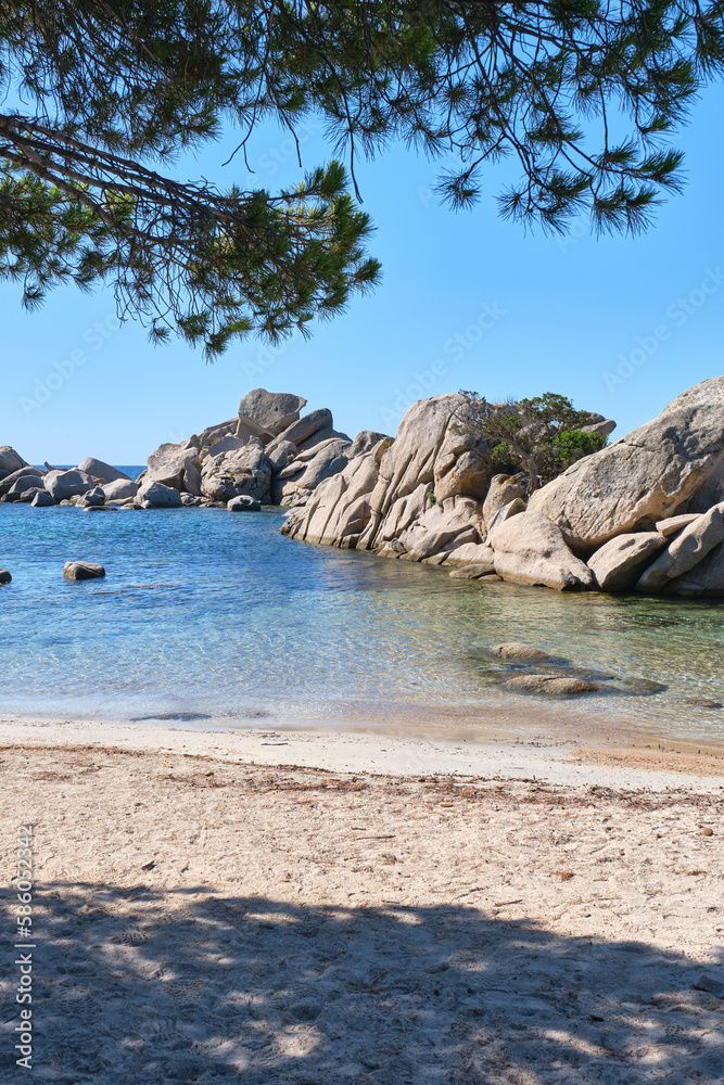 Tamaricciu beach, beautiful Mediterranean beach dotted with rocks along the entire coast, Porto Vecchio, Corsica, France Tamaricciu beach, beautiful Mediterranean beach dotted with rocks along the entire coast, Porto Vecchio, Corsica, France
