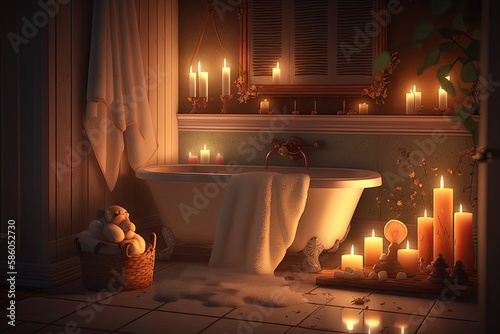 luxurious bathroom with plush towels, candles, and baby bathtub surrounded by warm lighting, created with generative ai photo