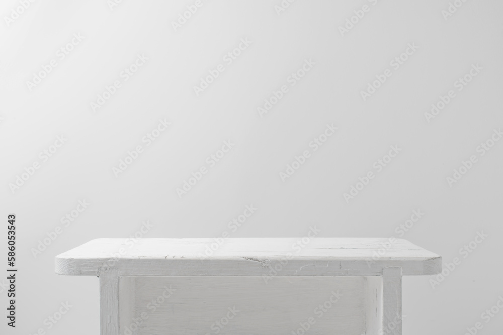 Minimalistic white background with small table, podium