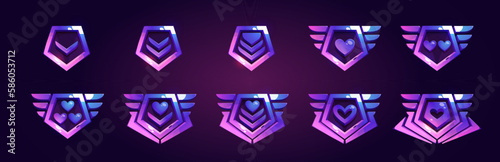 Military game insignia rank badge cartoon vector illustration. Isolated purple medal with heart for level achievement on dark background. 3d shield label for progress evolution emblem or reward.