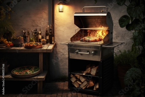 outdoor cooking on open fire in city backyard grill, created with generative ai photo