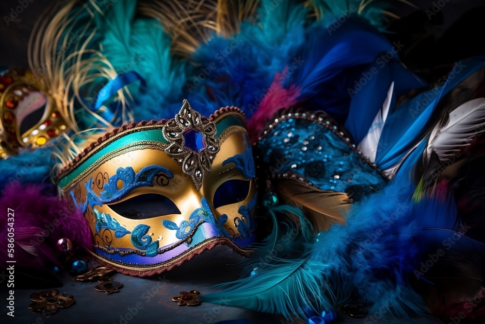 Golden Venetian carnival mask with blue and teal feathers on the black background created with Generative AI technology