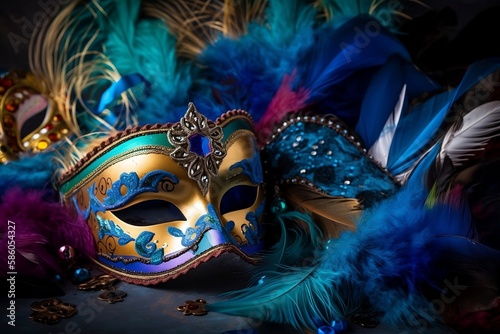 Golden Venetian carnival mask with blue and teal feathers on the black background created with Generative AI technology