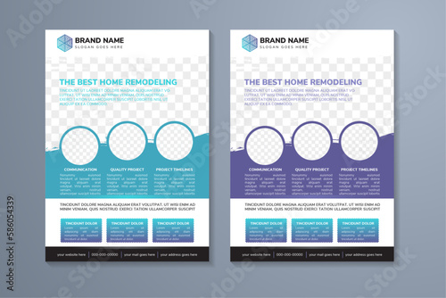 flyer template design with headline is the best home remodeling. brush space of photo collage and text. Advertising banner with horizontal layout. blue and purple elements in white background.