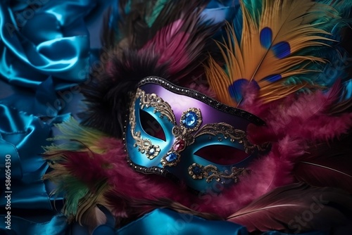 Colorful Venetian carnival mask with orange and pink feathers on the blue silk background created with Generative AI technology