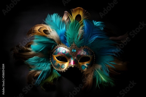 Colorful Venetian carnival mask with green and blue feathers on the black background created with Generative AI technology