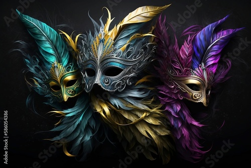 Three venetian carnival masks with colorful feathers on the black background. Teal, grey and purple masks with clorful feathers created with generative ai technology