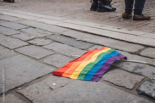 discarded mini gay rainbow flag on ground after a protest march, made with generative ai