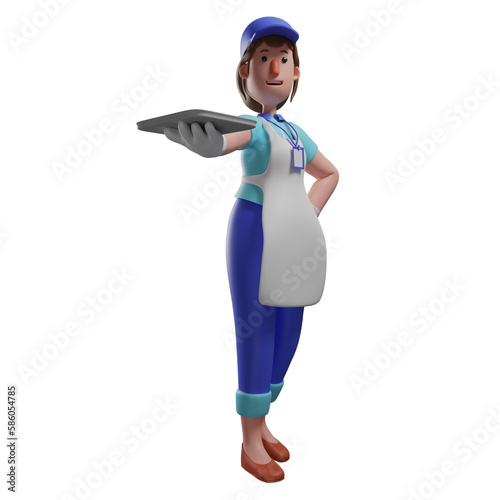 3D Cartoon Waiter holding a tray, 3D cartoon character of a waiter carrying a tray, 3D cartoon of a waiter with a tray in his hand