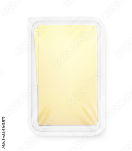 Tray container mockup with slice cheese. Vector illustration isolated on white background. Ready for use in your design. EPS10.	