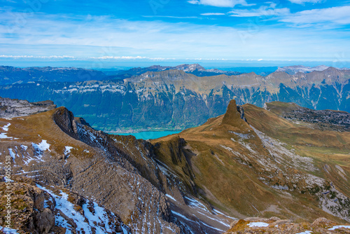 Panorama view of Brienzersee lake alongside Schynige Platte-First hiking track in Switzerland photo